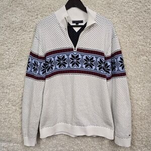Tommy Hilfiger Quarter Zip Sweater Mens XXL White Fair Isle Snowflake Cotton